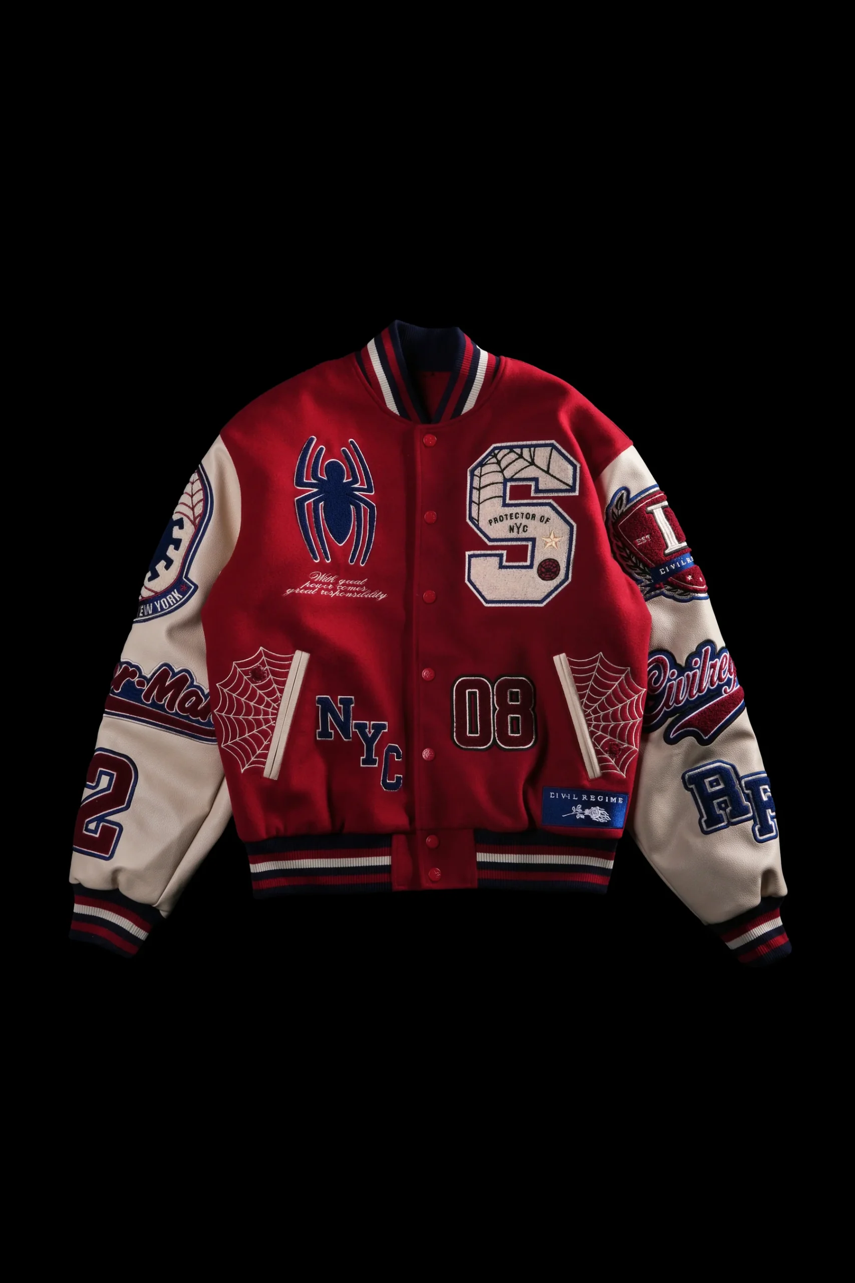 1-OUTERWEAR-SPIDER-scaled-1.webp Protector Of NYC Letterman Jacket in Red/Sand - Image 1