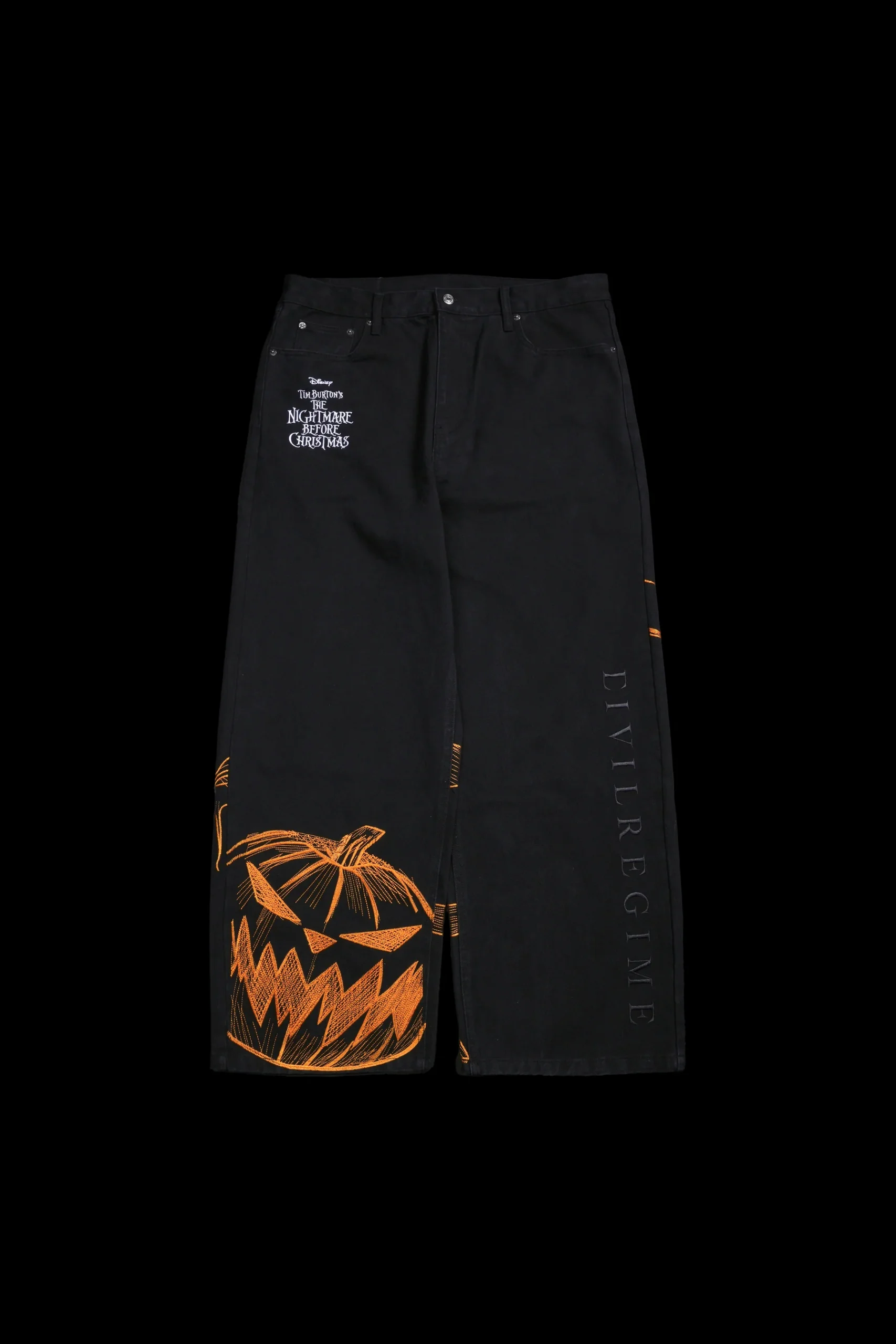 11BOTTOMS-NIGHTMAREcopy-scaled-1.webp Pumpkin Fright Raw Denim Jeans in Black/Hallow Orange - Image 1