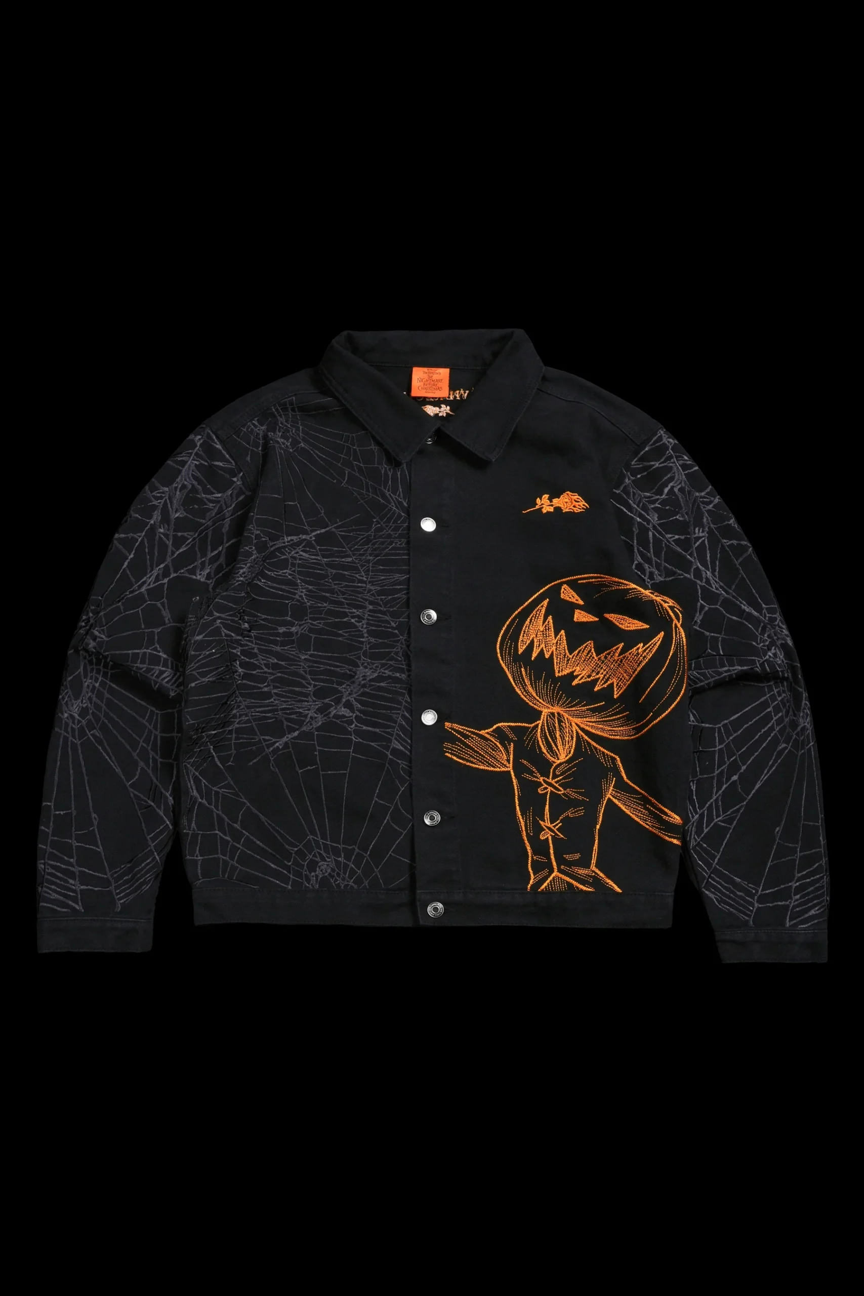 9OUTERWEAR-NIGHTMAREcopy-scaled-1.webp Pumpkin Fright Raw Denim Jacket in Black/Hallow Orange - Image 1